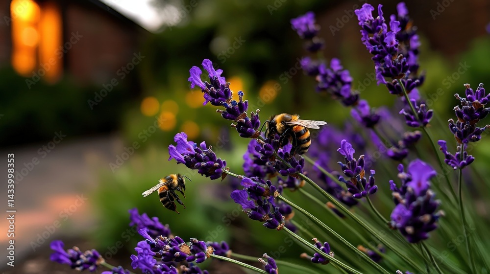 Obraz premium Bees pollinating lavender flowers in a tranquil garden nature close-up evening soft light