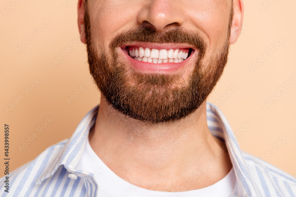 Close-up of a smiling young man with a well-groomed beard dressed in a casual blue striped shirt against a beige background Close-up of a smiling young man with a well-groomed beard dressed in a casual blue striped shirt against a beige background