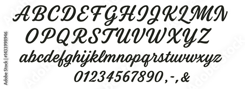 Calligraphy practice sheet showcasing uppercase and lowercase letters with numbers and punctuation