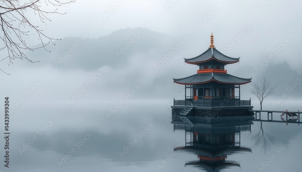 Obraz premium Serene Asian Pagoda on Misty Lake Tranquil Landscape Photography