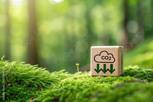 Wooden Block with CO2 Reduction Icon on Mossy Surface with Blurred Forest Background