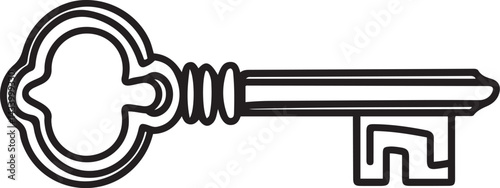 Old fashioned metal key drawn in continuous black line art minimalist style isolated on a clean white background ideal for security locksmith or vintage designs