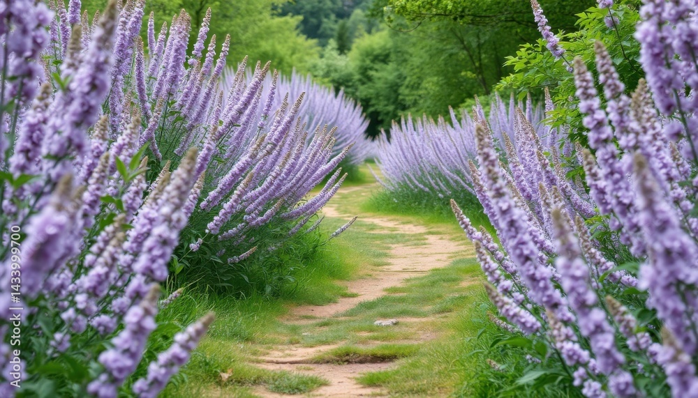 Obraz premium Serene Garden Path Lined with Blooming Purple Liriope Plants A Peaceful Nature Scene