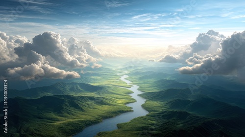 River branching through multiple valleys with overhead clouds and sunlight, dynamic layout