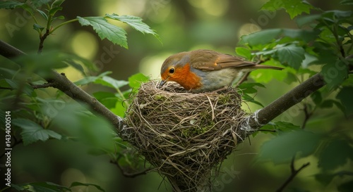 Delicate European Robin's attentiveness to its meticulously crafted nest abode