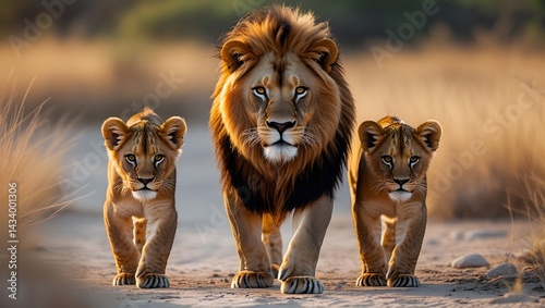 A lion and two cubs walking towards the camera in a dry grassy field at golden hour lighting