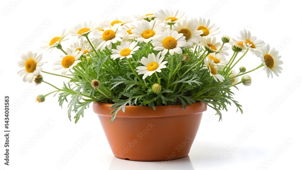 Obraz premium Anthemis Argyranthemum frutescens end pot on a white​ ​background