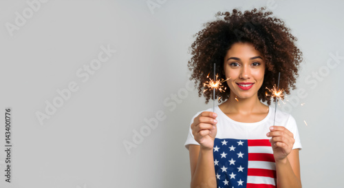 Happy Hispanic woman with sparklers in American flag shirt celebrating 4th of July. Fourth of July. Independence Day banner with copy space. Flag day. 14 June.