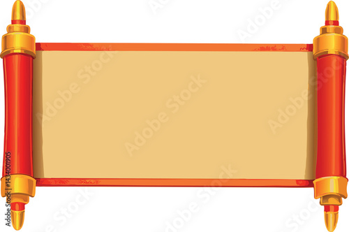 Exquisite Vintage Blank Scroll Vector Illustration with Intricate Red and Gold Ornamental Detailing for Elegant Invitations, Certificates, and Timeless Traditional Design Projects