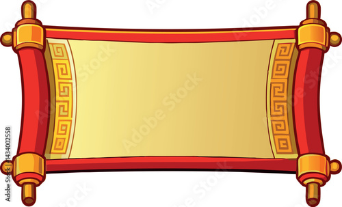 Exquisite Vintage Blank Scroll Vector Illustration with Intricate Red and Gold Ornamental Detailing for Elegant Invitations, Certificates, and Timeless Traditional Design Projects
