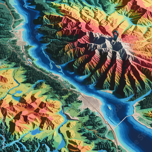 Detailed topographic map representation of colorful mountains and a river with a location pin
