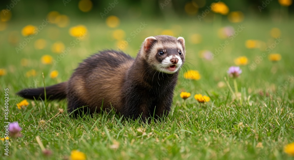 Fototapeta premium Charming ferret in a green meadow dotted with yellow wildflowers
