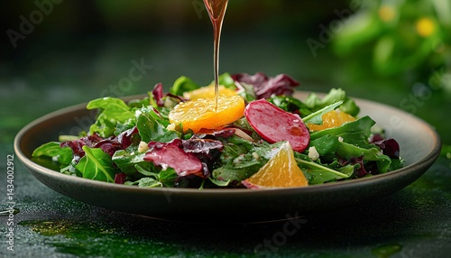 Colorful mixed greens salad with citrus and dressing being poured.