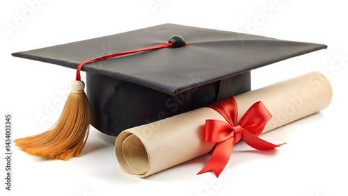 Graduation Cap and Diploma isolated on a white​ ​background