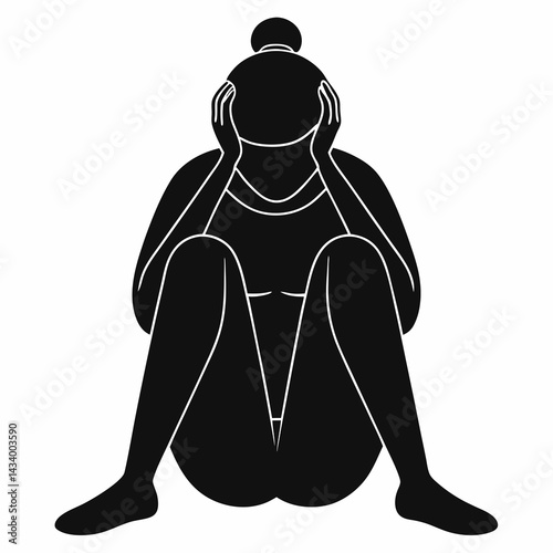 Black Silhouette of a Woman Sitting with Head in Hands