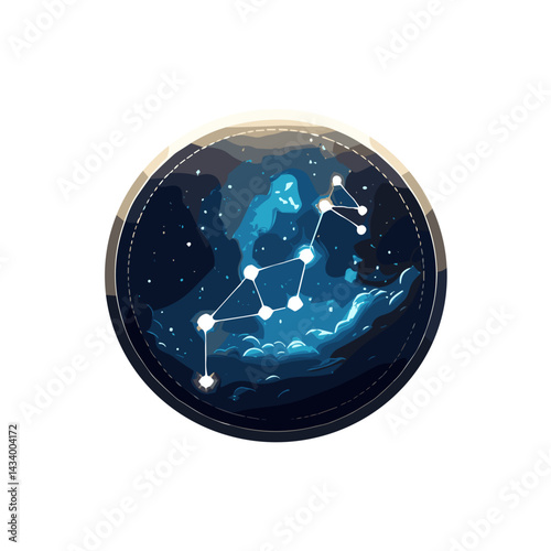 Stylized astronomical illustration of a constellation against a starry night sky with clouds