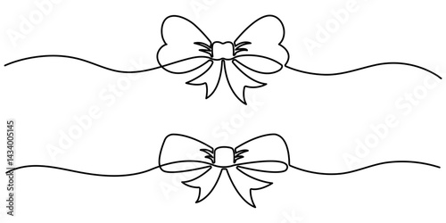 Ribbon bow with knot illustration. One continuous line drawing of bow tie vector design. Decorative ribbon bow in continuous line art drawing style.