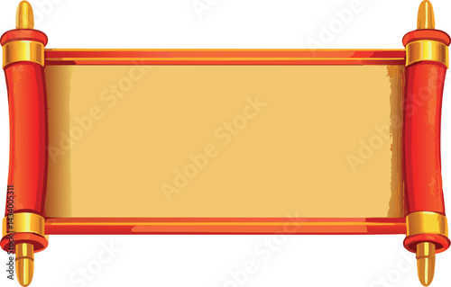 Exquisite Vintage Blank Scroll Vector Illustration with Intricate Red and Gold Ornamental Detailing for Elegant Invitations, Certificates, and Timeless Traditional Design Projects
