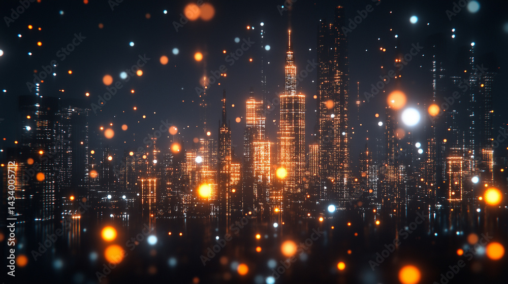 Fototapeta premium Illuminated Metropolis: A futuristic cityscape glows with dynamic networks of data transfer, symbolized by bright particles against the dark background, in this cutting-edge digital art piece.