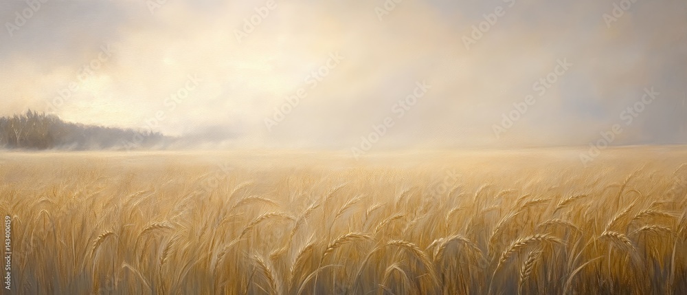 A field of golden wheat with a cloudy sky in the background