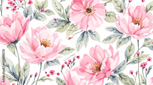 Seamless watercolor pink flowers pattern. Hand painted flowers of different colors, Pions