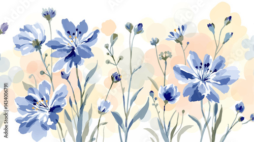Seamless pattern with rustic gentle blue flowers. Botanical background design for textile