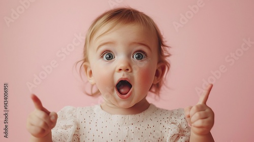 Amazed baby girl, pink background, thumbs up