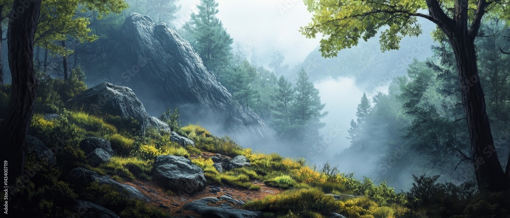 A forest with a rock in the foreground and a foggy sky