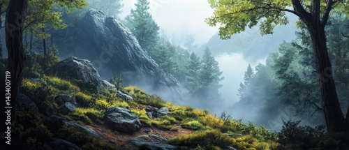 Obraz na płótnie A forest with a rock in the foreground and a foggy sky w salonie