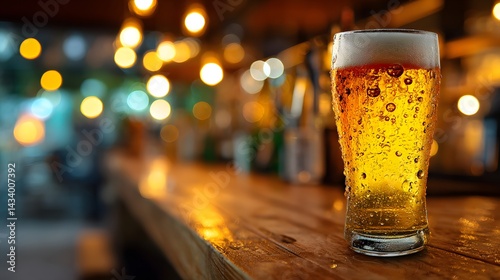 Refreshing beer on a wooden bar with blurred lights offers a cool beverage. Perfect for a relaxed night. Drink and be happy!
