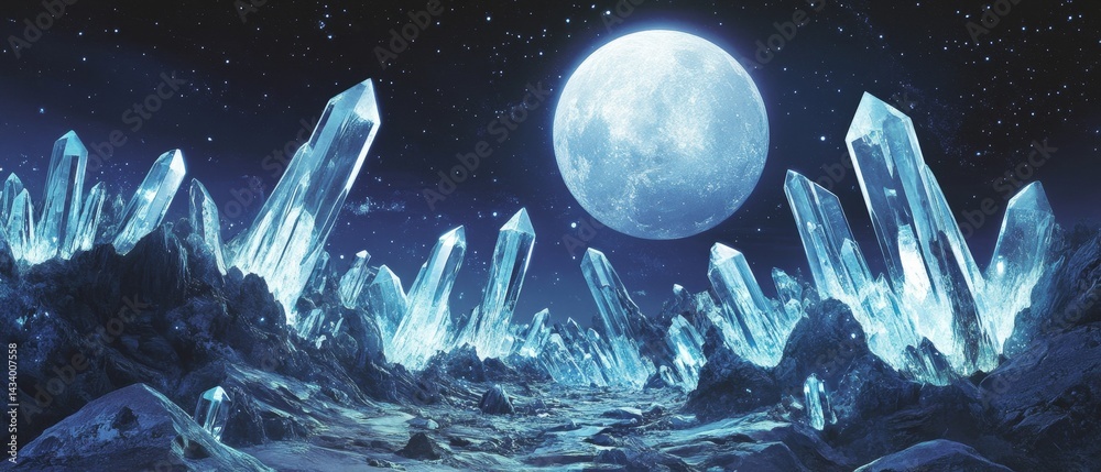 A beautiful blue sky with a large moon and many crystals