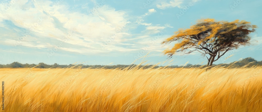 A painting of a field with a tree in the middle