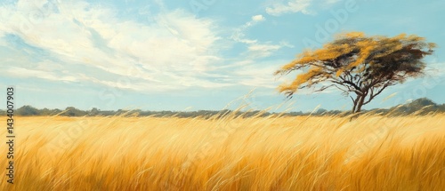 A painting of a field with a tree in the middle