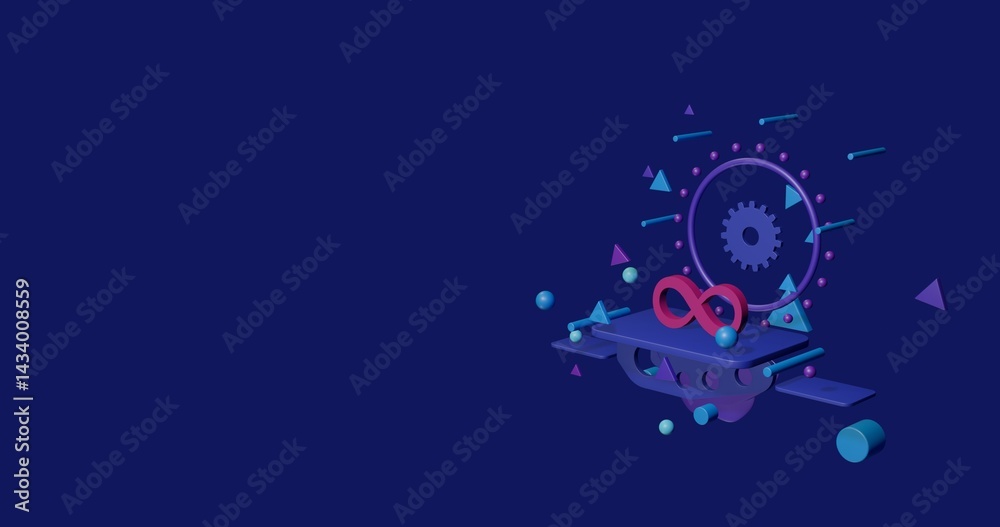 Fototapeta premium Pink infinity symbol on a pedestal of abstract geometric shapes floating in the air. Abstract concept art with flying shapes on the right. 3d illustration on indigo background