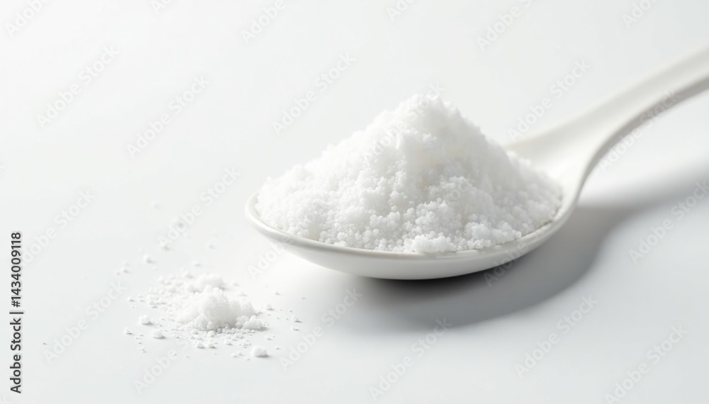 Spoonful of white sugar against white backdrop, energy, health, photography Spoonful of white sugar against white backdrop, energy, health, photography