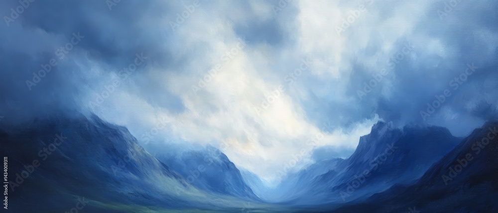 A painting of a mountain range with a cloudy sky