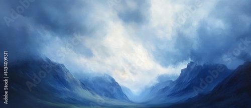 A painting of a mountain range with a cloudy sky