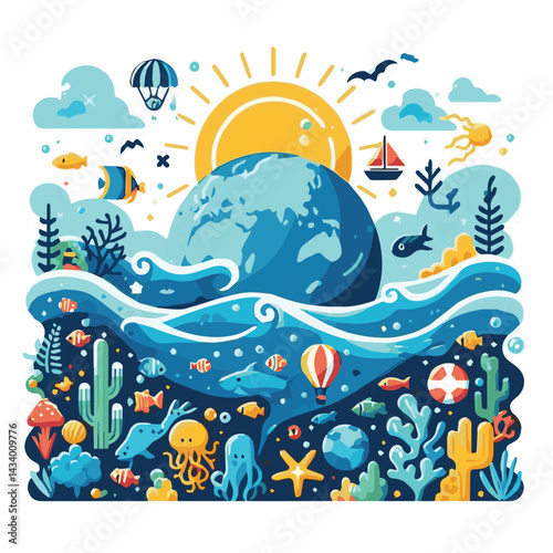 sea, water, ocean, blue, nature, illustration, environment, background, underwater, concept, day, world, fish, vector, banner, aqua, earth, eco, clean, design, environmental, life, graphic, poster, wa