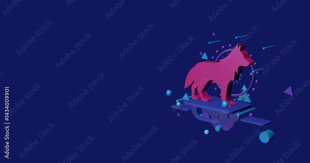 Naklejka premium Pink wolf symbol on a pedestal of abstract geometric shapes floating in the air. Abstract concept art with flying shapes on the right. 3d illustration on indigo background