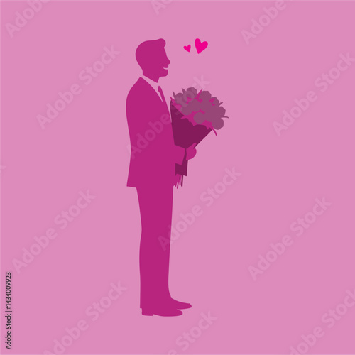 vector silhouette of a man kneeling with flowers to propose to his beloved