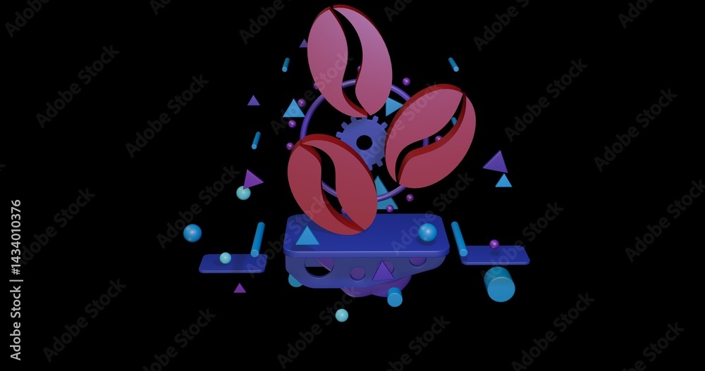 Fototapeta premium Red coffee beans symbol on a pedestal of abstract geometric shapes floating in the air. Abstract concept art with flying shapes in the center. 3d illustration on black background