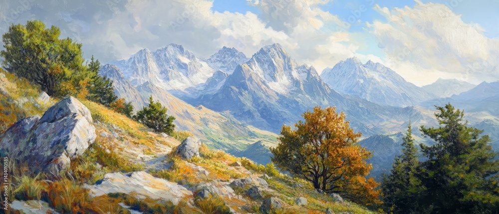 A painting of a mountain range with a tree in the foreground
