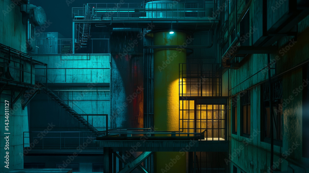 Silent Giants: Night View of Cooling Towers at a Thermal Power Plant