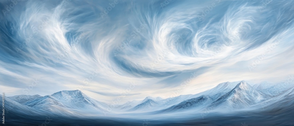 A painting of a mountain range with a blue sky in the background