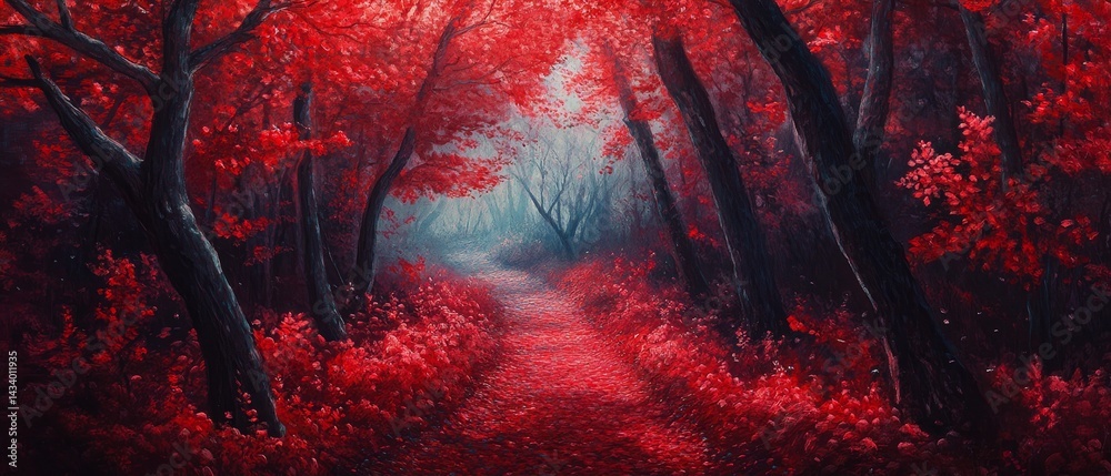 A painting of a forest with red leaves and a path