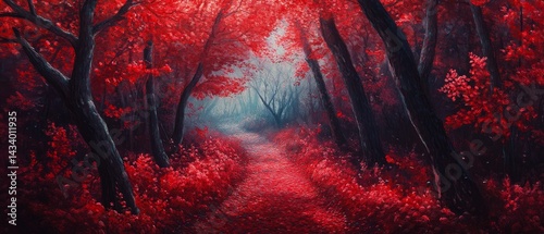 Obraz na płótnie A painting of a forest with red leaves and a path w salonie