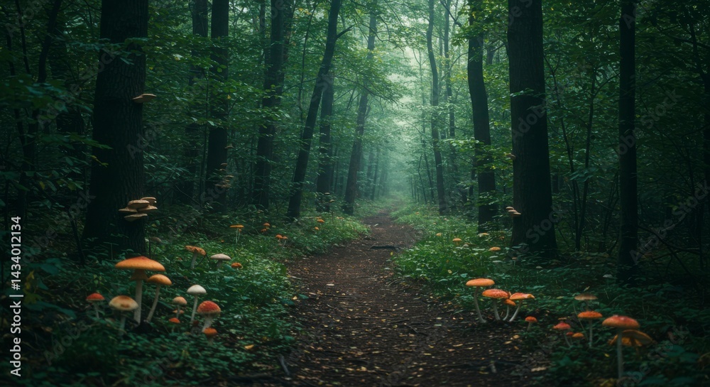Fototapeta premium Misty forest path, mushrooms