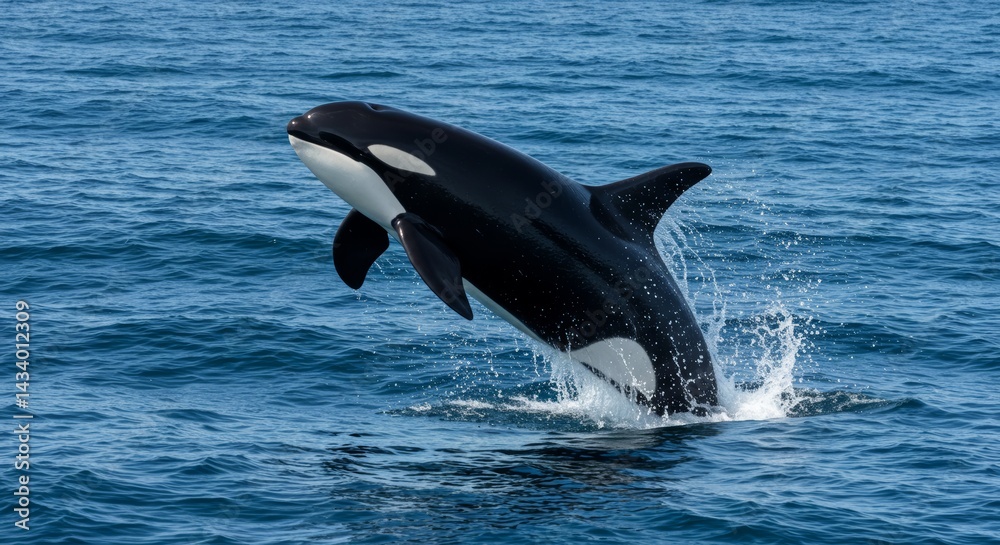 Obraz premium Spectacular orca leaps from the deep blue ocean in a breathtaking display of marine life