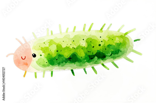 Watercolor illustration of a green and pink microorganism or virus with legs on transparent background. Concept of germs, bacteria, microbes, disease control, or educational material for kids.