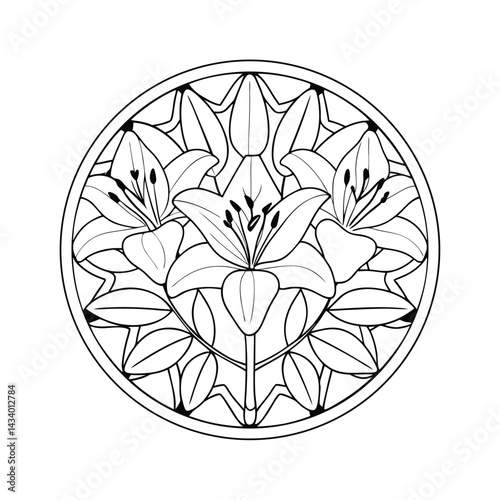 Circular lily flower outline design with petals and leaves in a geometric arrangement decorative pattern